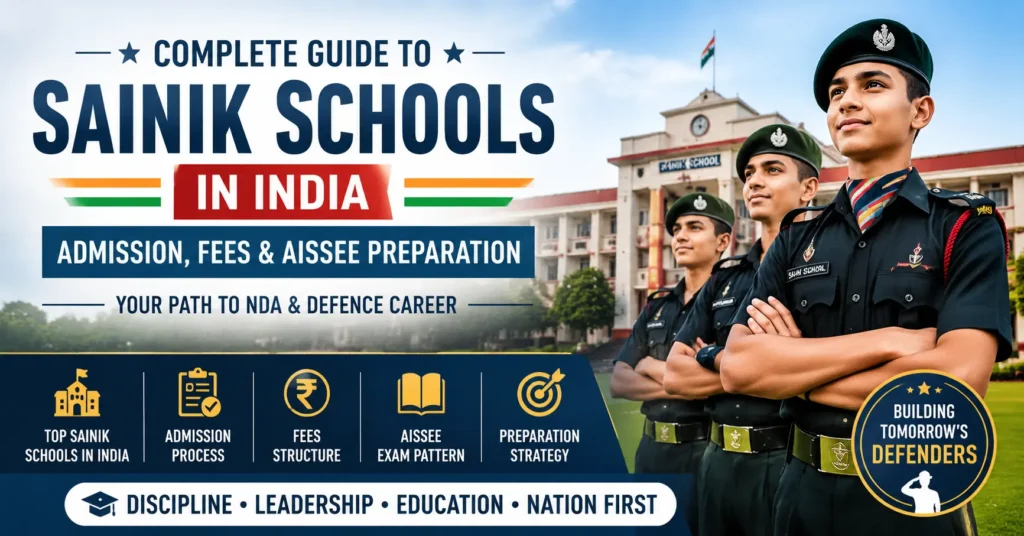 Complete Guide to Sainik Schools in India – Admission, Fees & AISSEE Preparation 12 Complete guide to Sainik Schools in India showing AISSEE preparation, admission process, fees, and defence school students in uniform.