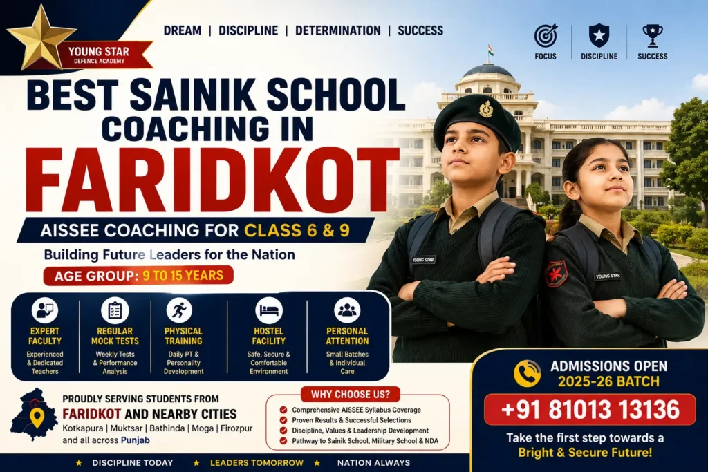 Best Sainik School Coaching in Faridkot 28 Best Sainik School Coaching in Faridkot by Young Star Defence Academy for AISSEE Class 6 and 9 preparation