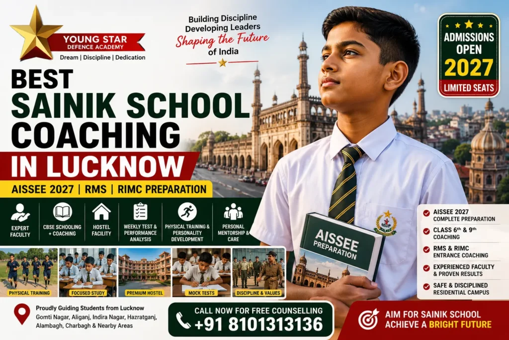 Best Sainik School Coaching in Lucknow 12 Best Sainik School Coaching in Lucknow 2027 with hostel facility, AISSEE preparation, RMS and RIMC coaching by Young Star Defence Academy