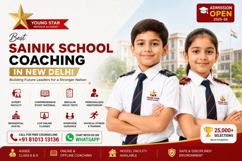 best sainik school coaching in New Delhi 10 Best Sainik School Coaching in New Delhi by Young Star Defence Academy featuring a 10-year-old boy and girl preparing for AISSEE Class 6 and Class 9 entrance exam.