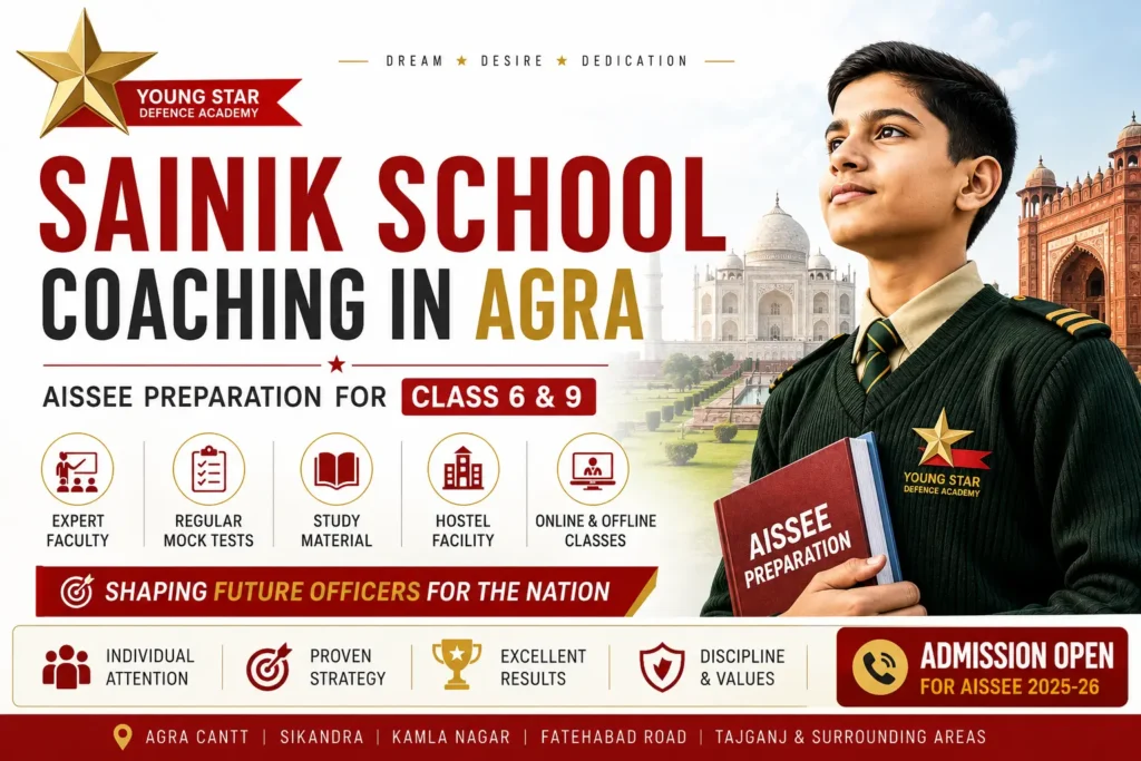BEST SAINIK SCHOOL COACHING IN AGRA 12 Young Star Defence Academy Sainik School Coaching in Agra for AISSEE Class 6 and Class 9 preparation with expert faculty, mock tests and study material.