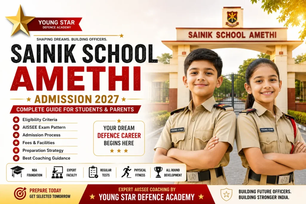 Sainik School Amethi Admission Guide with AISSEE Coaching by Young Star Defence Academy featuring a boy and girl student