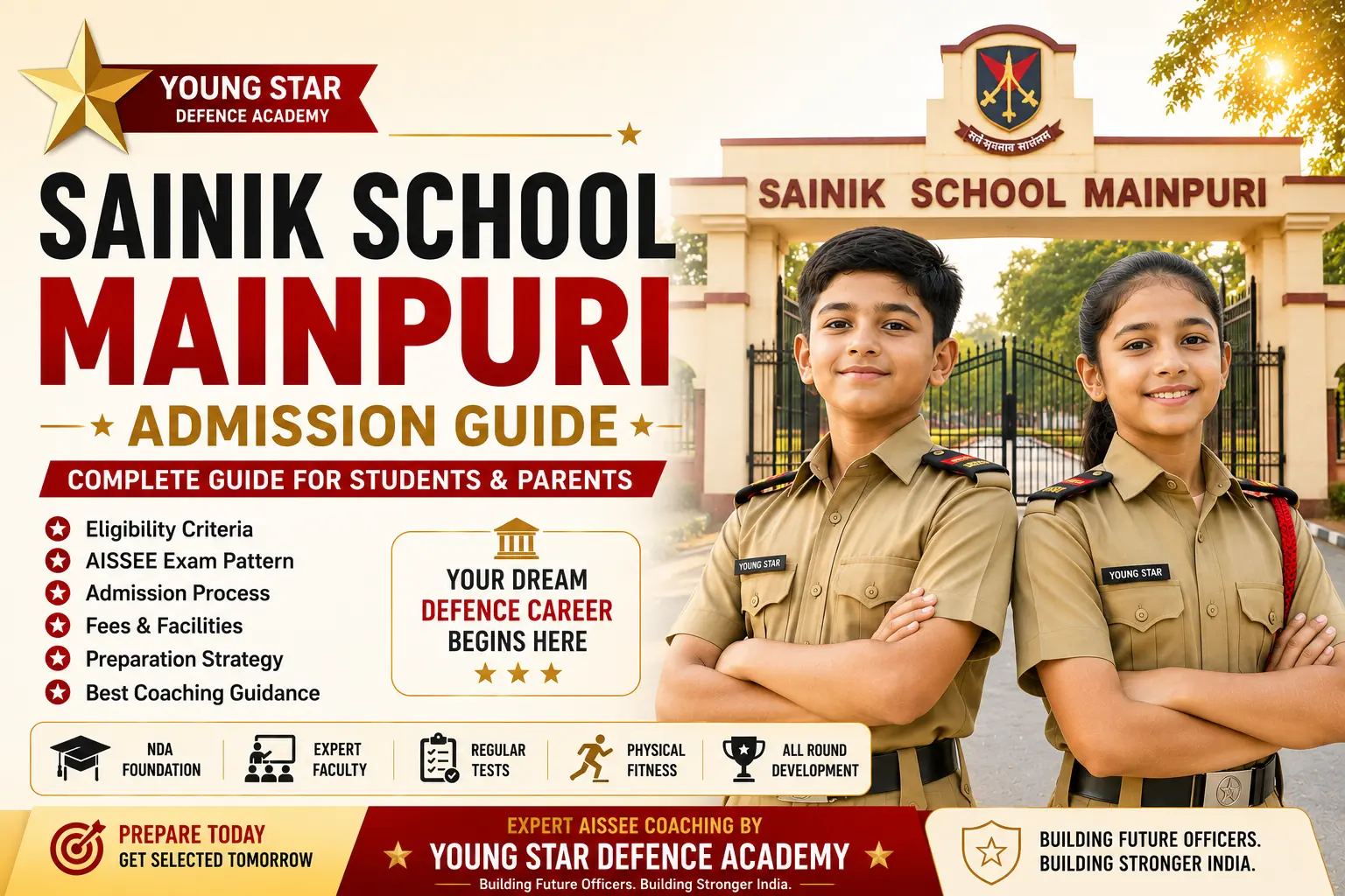 Sainik School Mainpuri Admission Guide with AISSEE Coaching by Young Star Defence Academy featuring a boy and girl student