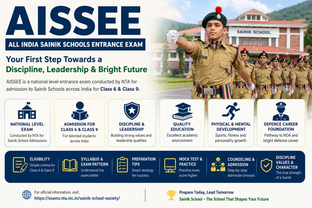 AISSEE Exam Overview 8 AISSEE exam guide for Sainik School admission showing cadets, eligibility, syllabus, exam pattern, and preparation tips for Class 6 and Class 9 students