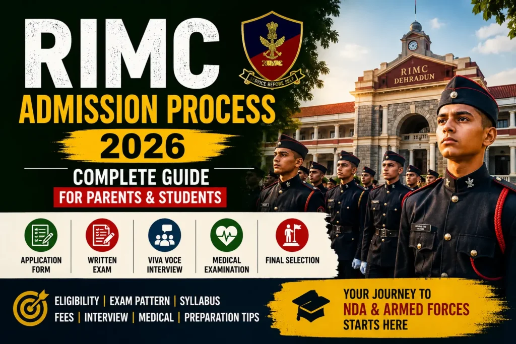 RIMC Admission Process 7 RIMC Admission Process 2027 featured image showing Rashtriya Indian Military College cadets, admission steps, exam process, interview, medical test and NDA preparation guidance by Young Star Defence Academy.