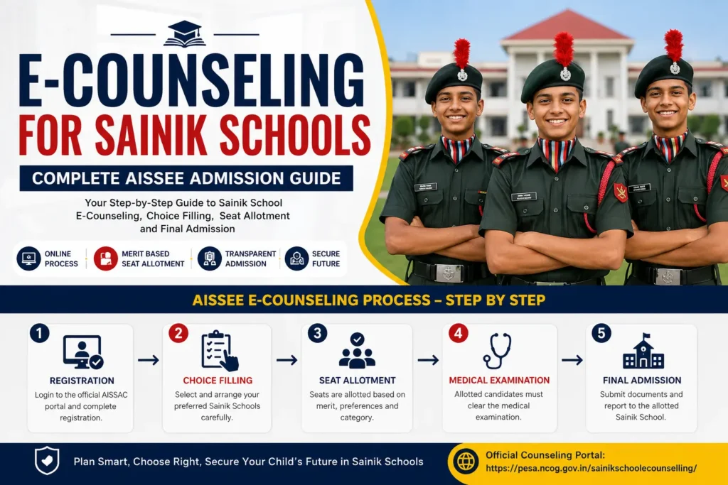 E-Counseling For Sainik Schools 4 Step-by-step AISSEE E-Counseling process for Sainik School admission including registration, choice filling, seat allotment, medical examination, and final admission guidance.