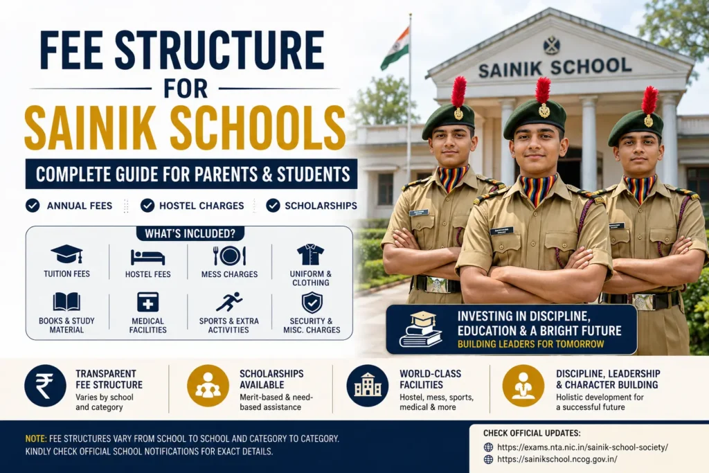 Fee Structure for Sainik Schools – Full Guide 2 Complete fee structure for Sainik Schools including hostel charges, tuition fees, scholarships, and annual expenses