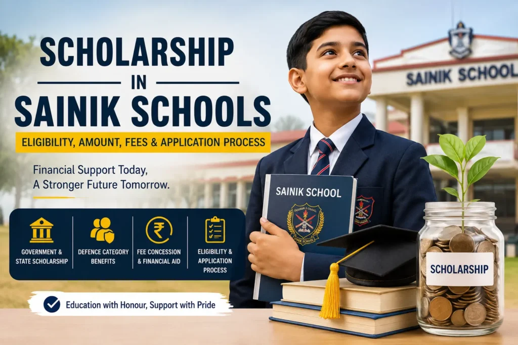 Student holding Sainik School book with scholarship information, fee concession, and government financial aid details for Sainik School students.