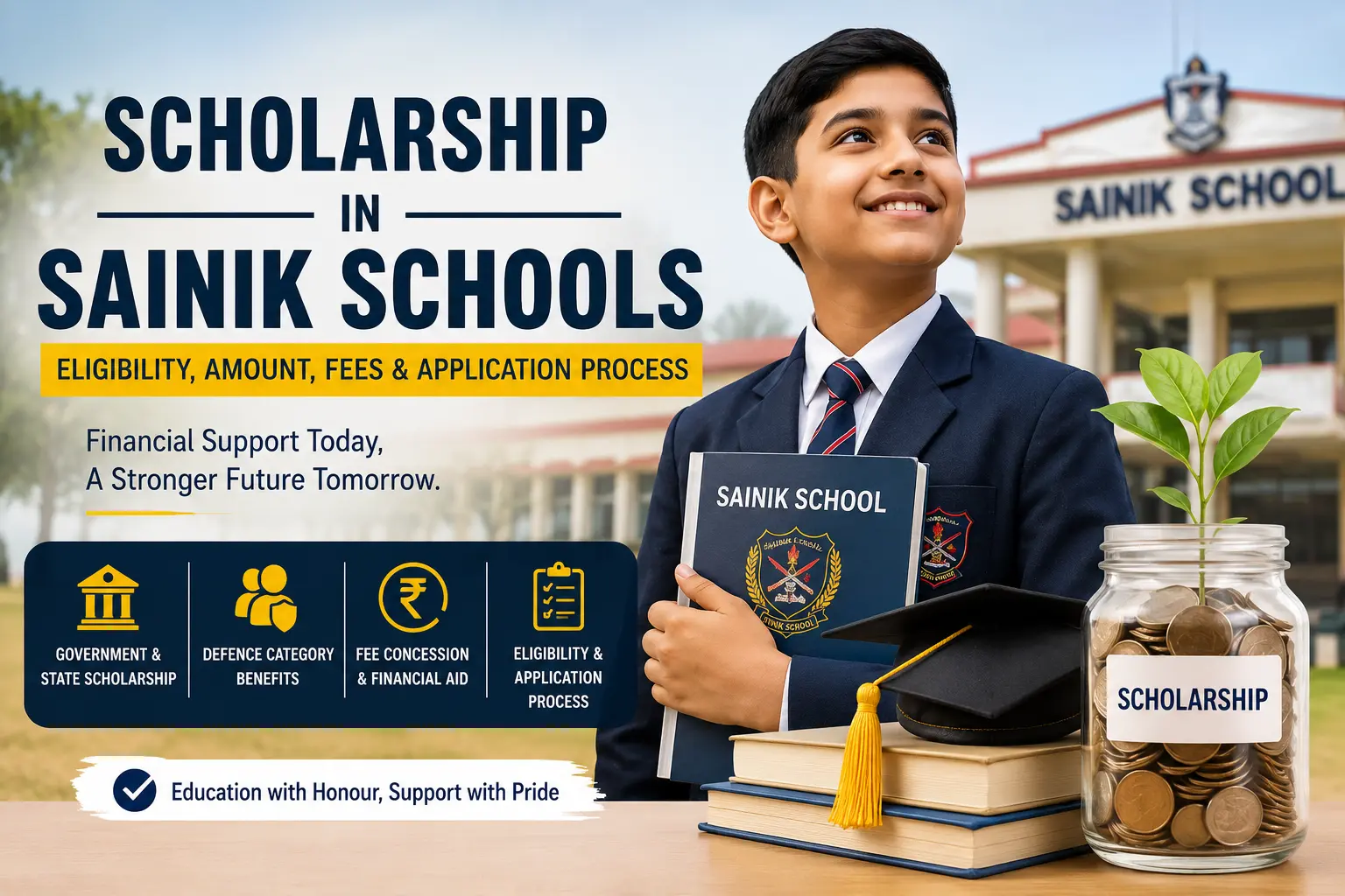 Student holding Sainik School book with scholarship information, fee concession, and government financial aid details for Sainik School students.