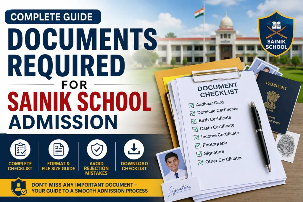 Documents Required for Sainik School Admission – Complete Checklist 10 Documents required for Sainik School admission checklist including Aadhaar card, domicile certificate, birth certificate, and AISSEE admission documents