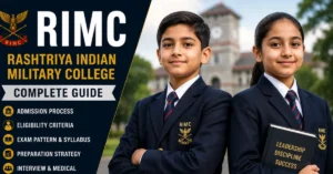 RIMC admission complete guide featuring a boy and girl student in military academy uniform for Rashtriya Indian Military College preparation