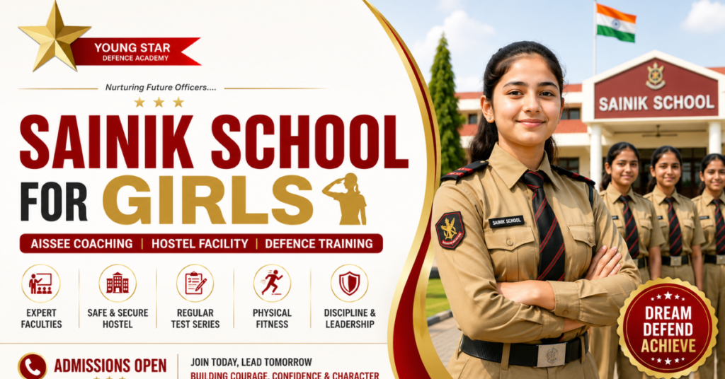 sainik school for girls 10 Girl students in Sainik School uniform at Young Star Defence Academy preparing for AISSEE entrance exam