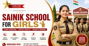 Girl students in Sainik School uniform at Young Star Defence Academy preparing for AISSEE entrance exam