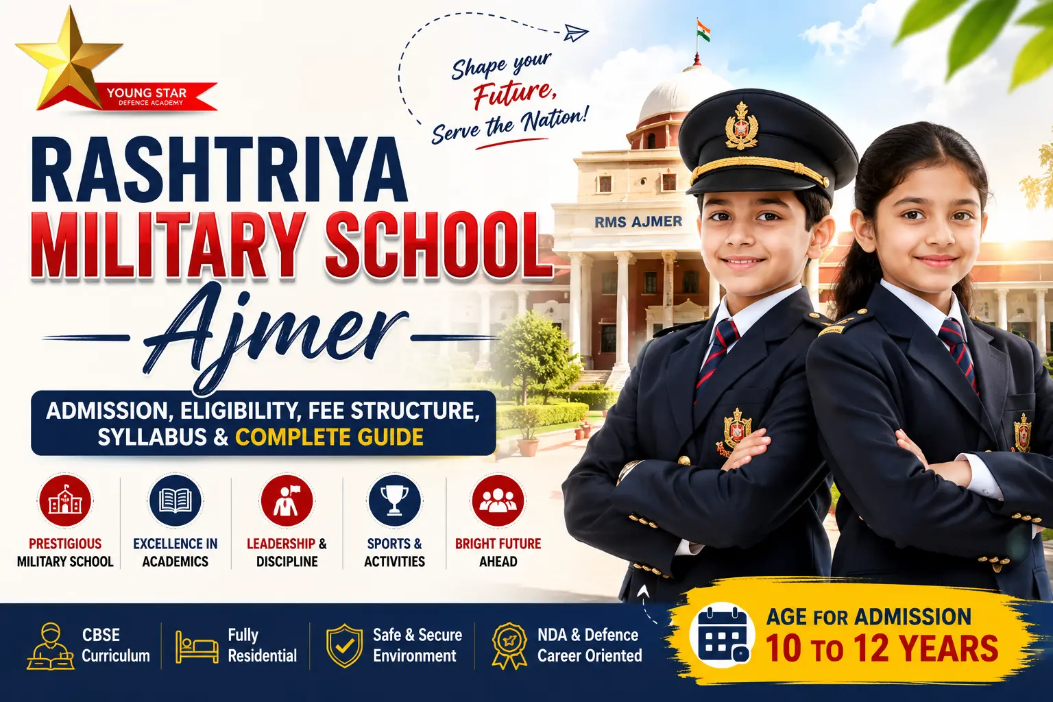 Rashtriya Military School Ajmer admission guide featuring 10 to 12 year old boy and girl students in military uniform