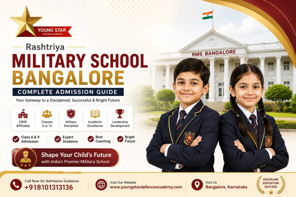 Rashtriya Military School Bangalore admission guide featuring Class 5 boy and girl students with Young Star Defence Academy coaching support
