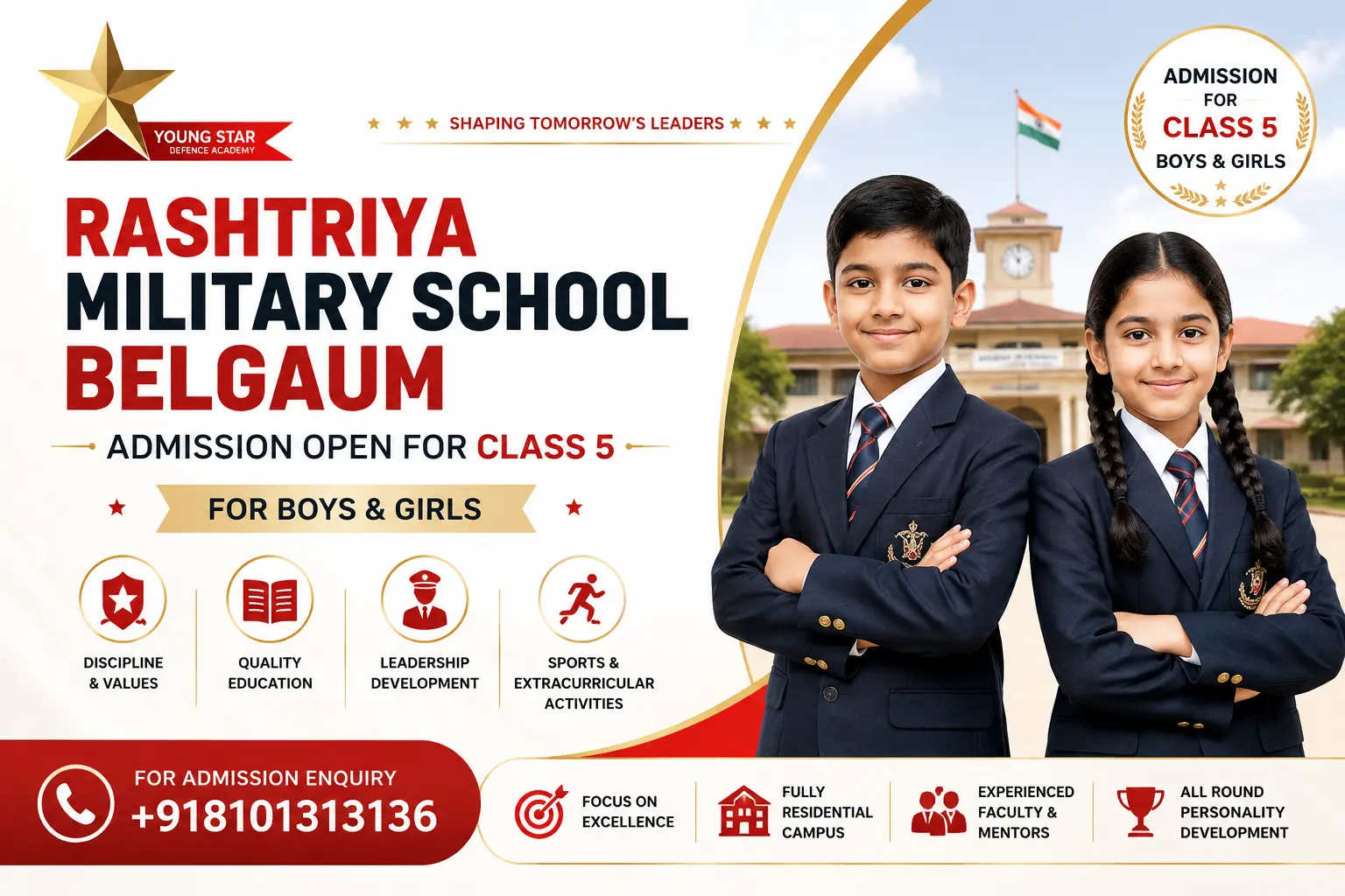 Rashtriya Military School Belgaum admission open for Class 5 boys and girls with Young Star Defence Academy coaching