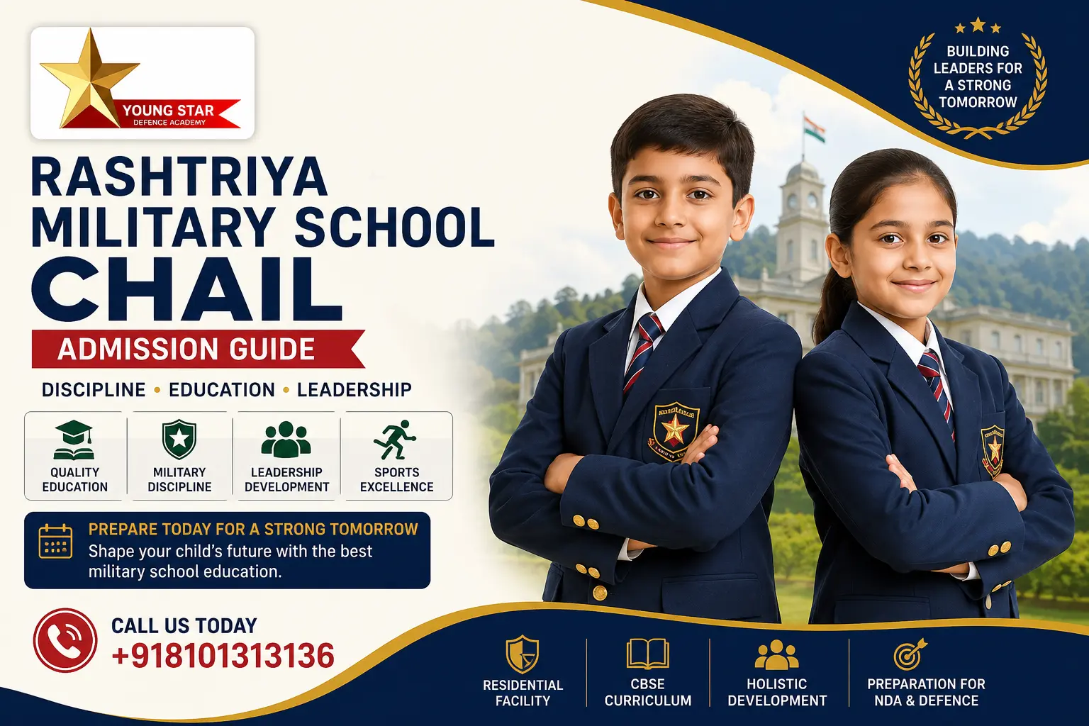 Rashtriya Military School Chail admission guide featuring 10-year-old boy and girl students with Young Star Defence Academy