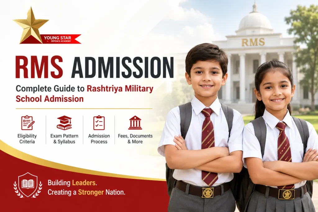 RMS Admission guide featuring Class 5 boy and girl students for Rashtriya Military School admission preparation at Young Star Defence Academy.