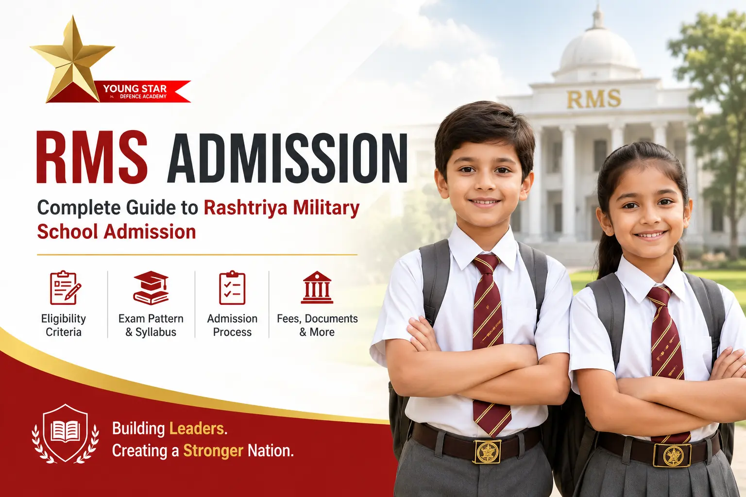 RMS Admission guide featuring Class 5 boy and girl students for Rashtriya Military School admission preparation at Young Star Defence Academy.