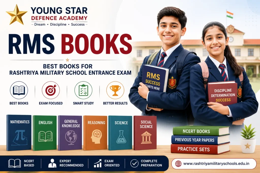 RMS Books infographic showing best books for Rashtriya Military School entrance exam preparation for Class 6 and Class 9 students