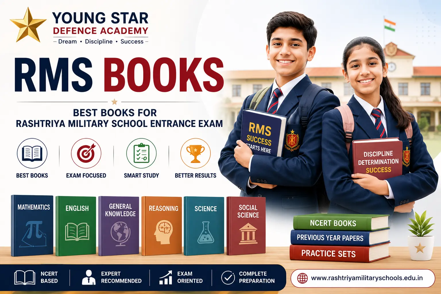 RMS Books infographic showing best books for Rashtriya Military School entrance exam preparation for Class 6 and Class 9 students